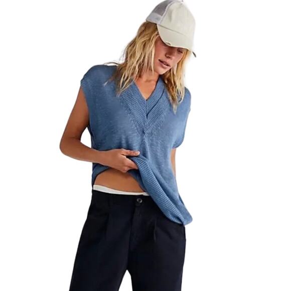 Free People Women's Hannah Sweater Vest Oversized Double V-Neck size XS Blue - Picture 3 of 13